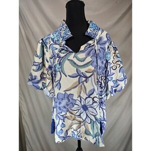 Voy Blue And White Floral Print Boho Blouse Size L Large